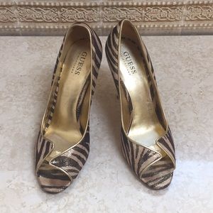 Guess by Marciano gold zebra print peep toe pump